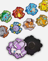 Collection of colorful Pokémon character badges on a white background