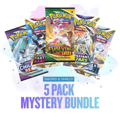 Five Pokémon trading card game packs with 'Evolving Skies' and 'Sword & Shield' branding on a white background.