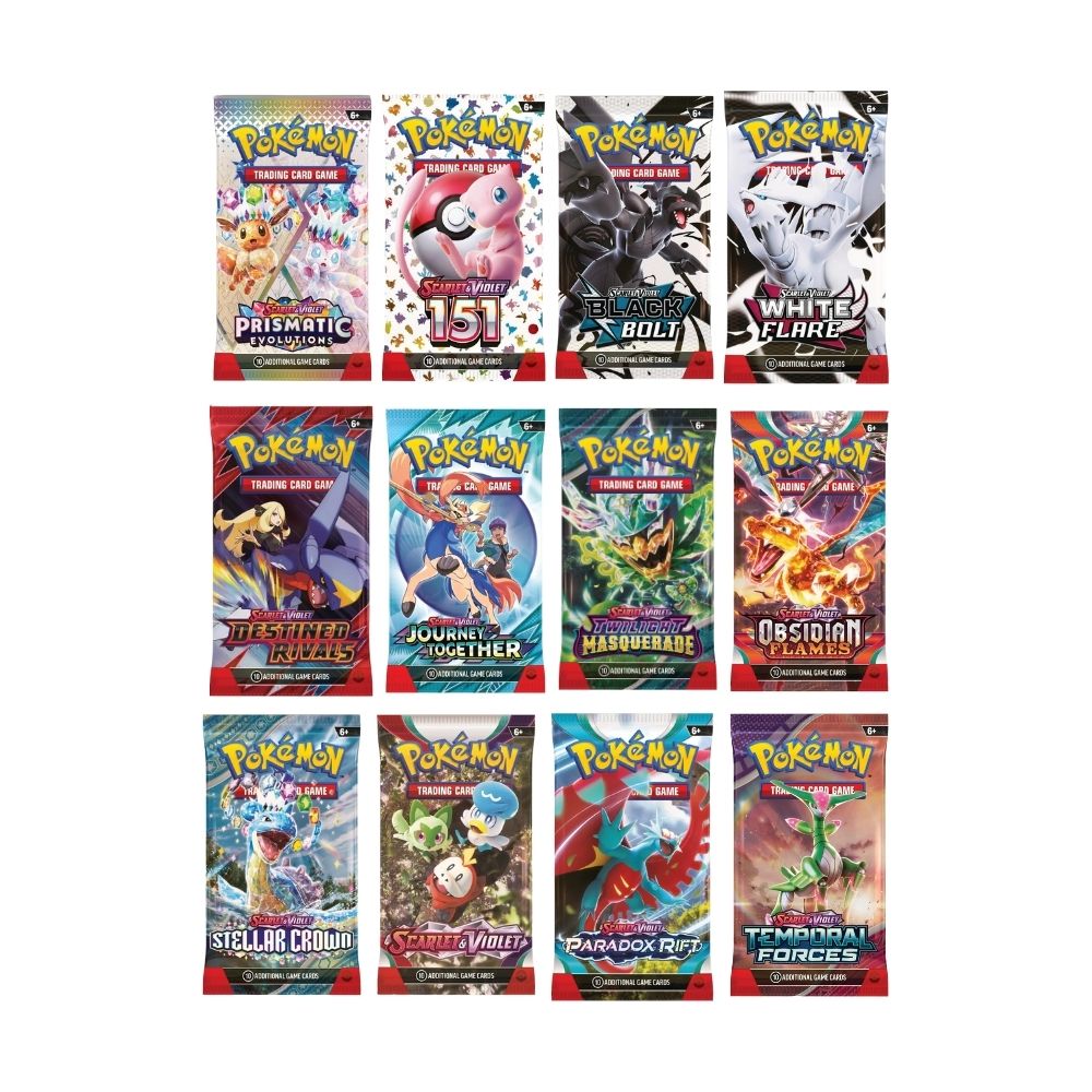 Collection of various Pokémon trading card game packs on a white background