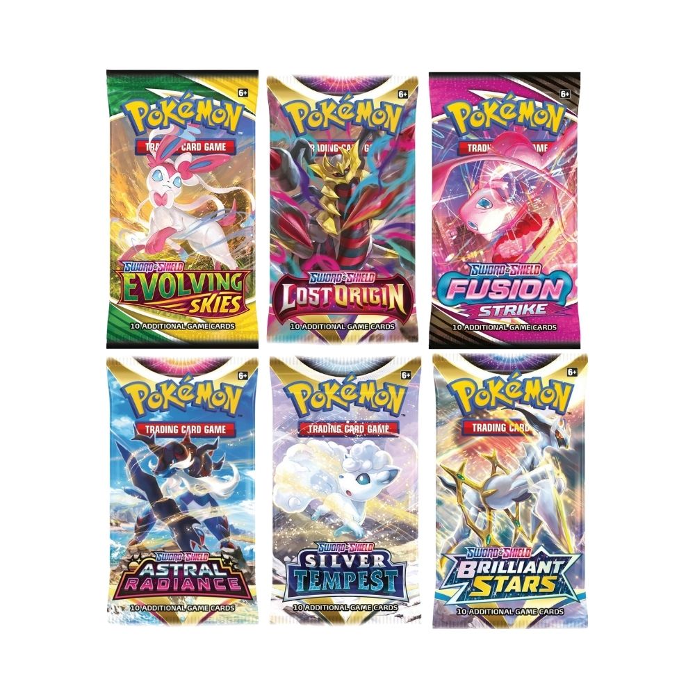 Six different packs of Pokémon trading card game on a white background