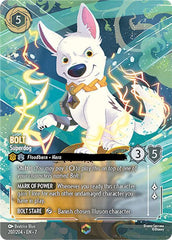 Card featuring a cartoon dog character with lightning effects on a colorful background