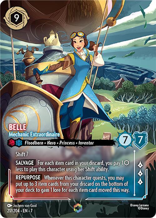 Card featuring Belle from Disney's 'Beauty and the Beast' in a hot air balloon with game text and icons.