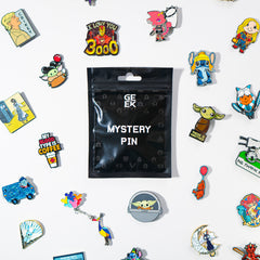 Mystery pin bag with enamel Geekpins surrounding it