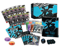 Pokémon trading card game set with cards, guidebook, and dice on a white background