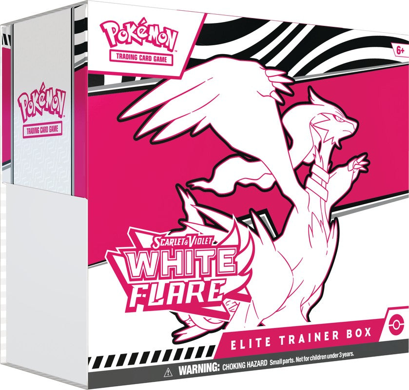 Pokémon Trading Card Game Elite Trainer Box with White Flare design on pink background