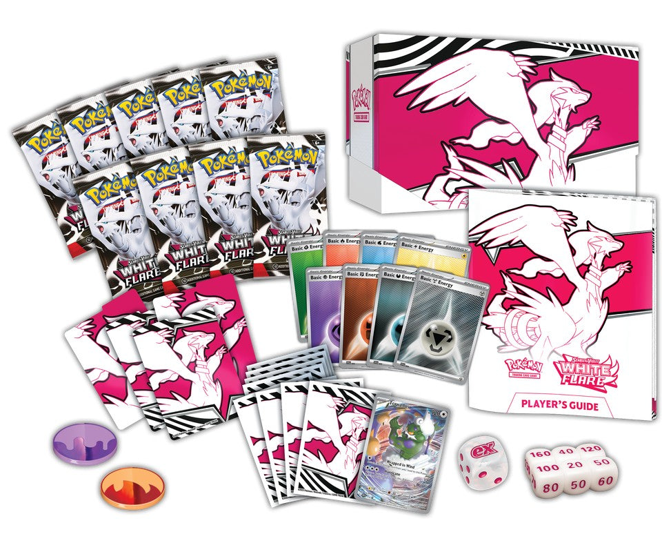 Pokémon White Flare trading card game set with cards, box, and player's guide.