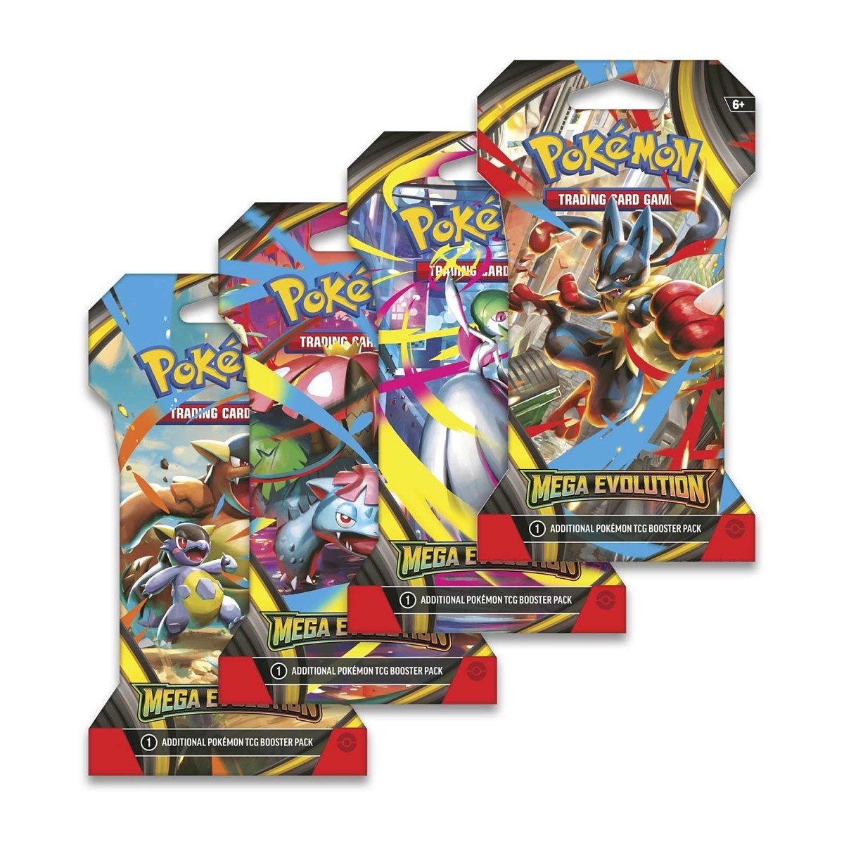 Three Pokemon trading card game booster packs on a white background