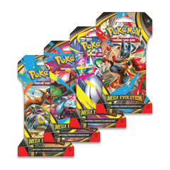 Three Pokemon trading card game booster packs on a white background