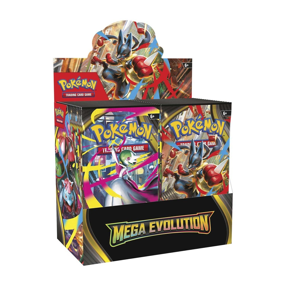 Pokémon trading card game packs with Mega Evolution theme on a white background