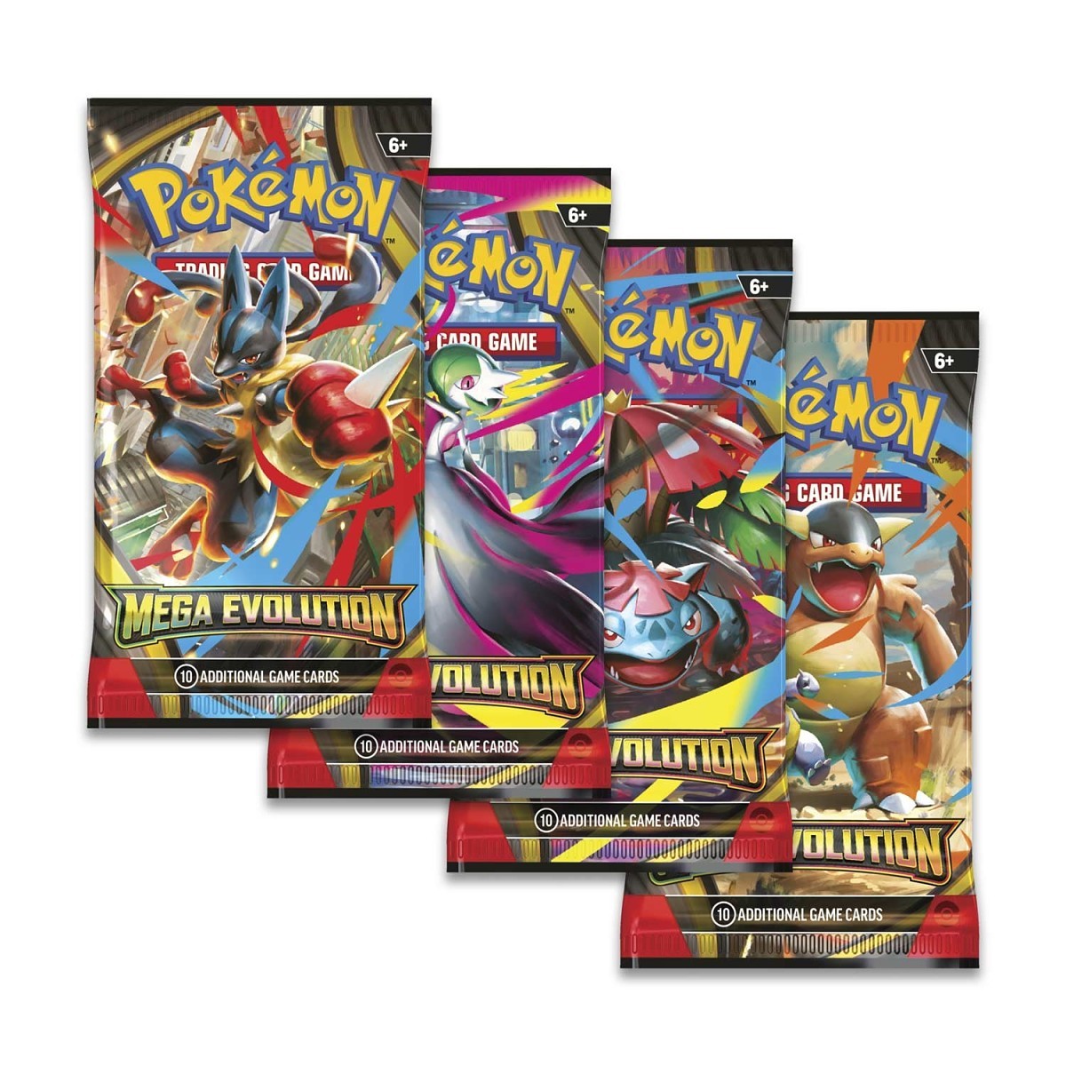 Four Pokemon card game packs with various characters on a white background