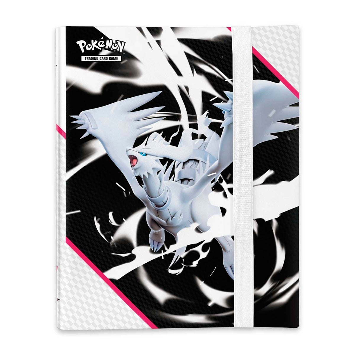Pokémon trading card game binder with a white dragon-like creature on a black and pink background