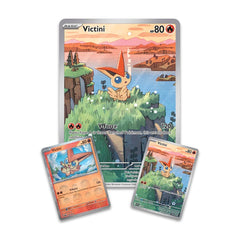 Three Victini trading cards from a trading card game on a white background