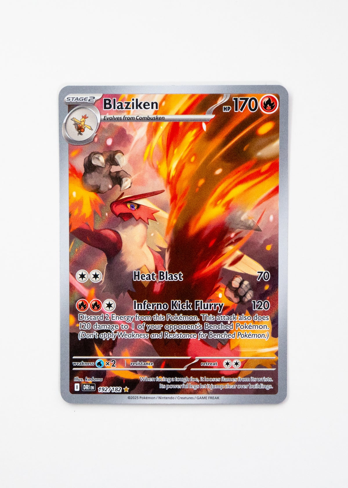 Pokémon trading card featuring Blaziken with fiery design on a white background
