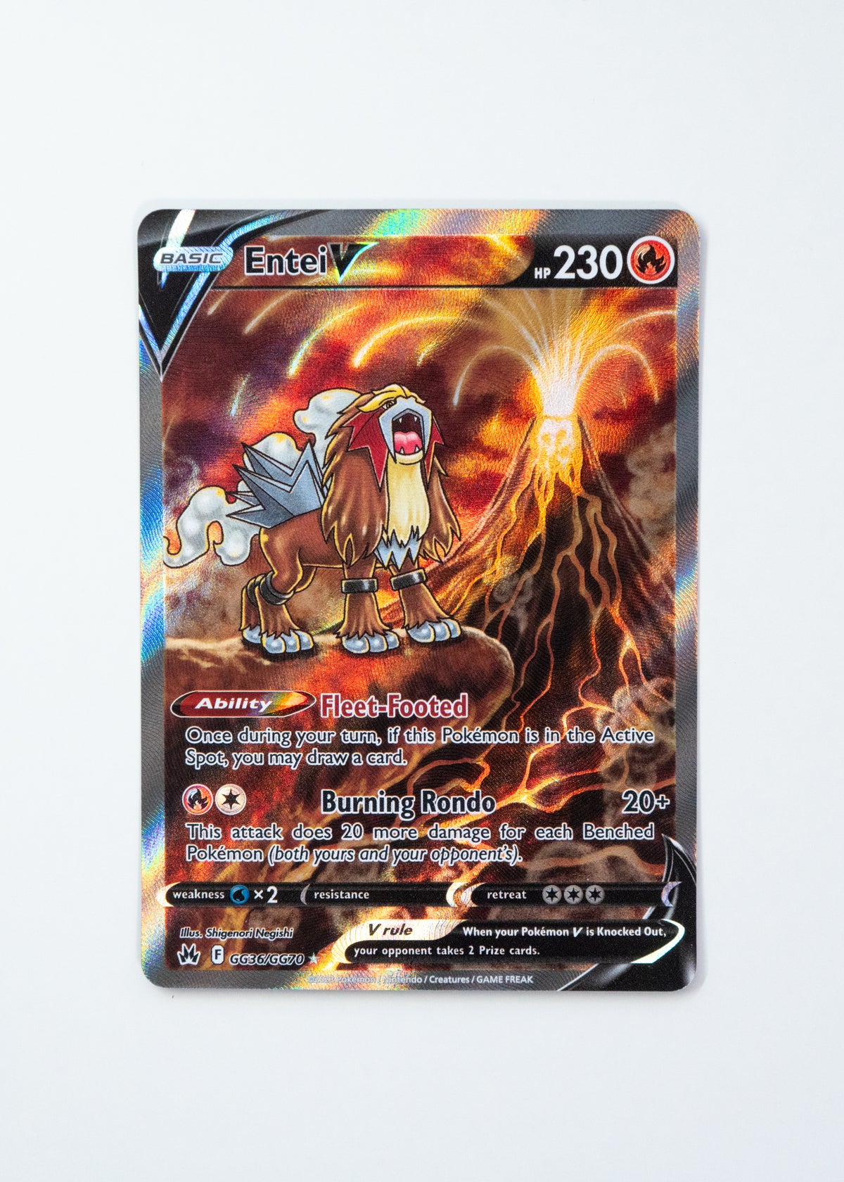Pokémon trading card featuring Entei with fiery background