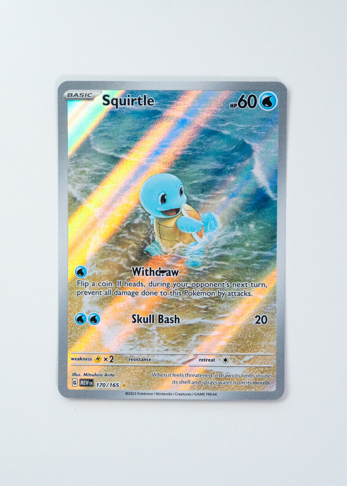 Pokémon trading card featuring Squirtle with a rainbow effect on a light gray background