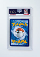 Pokémon trading card in a PSA protective case on a white background