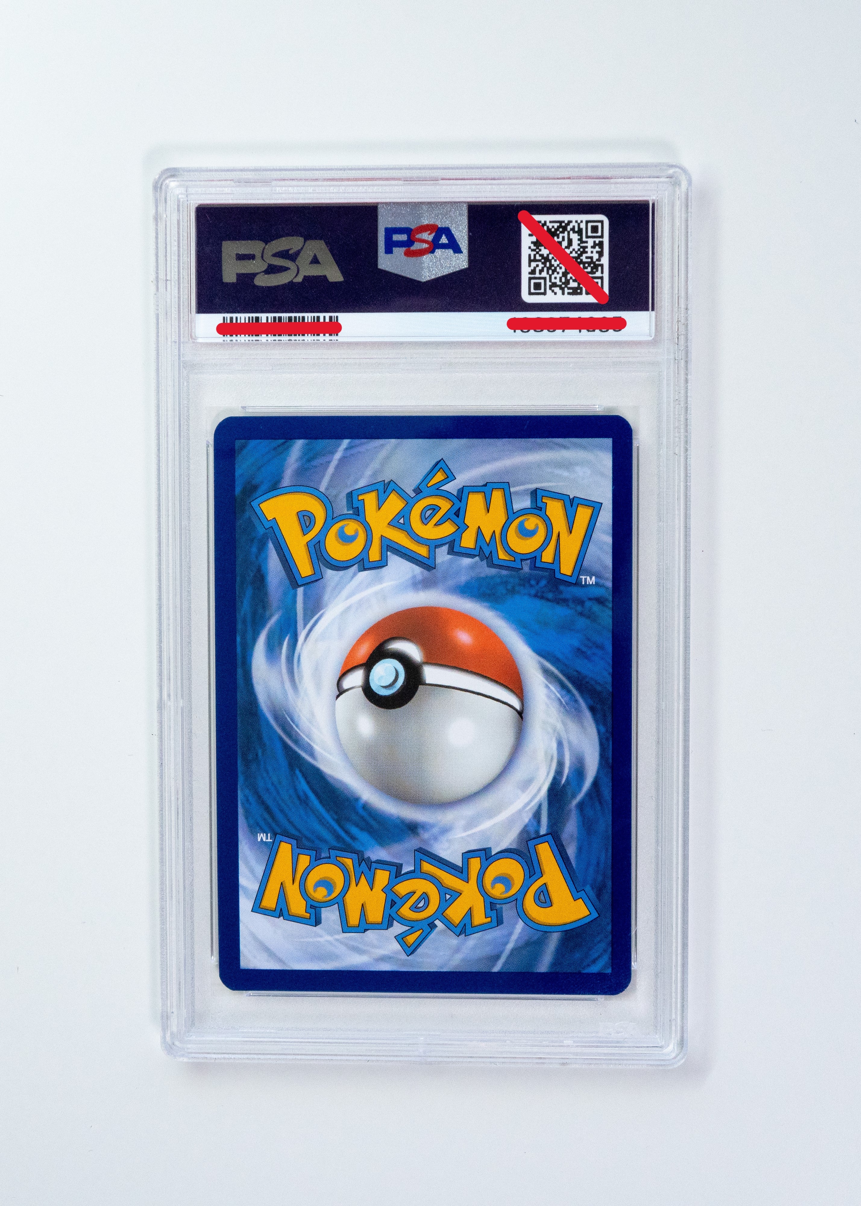Pokémon trading card in a PSA protective case on a white background