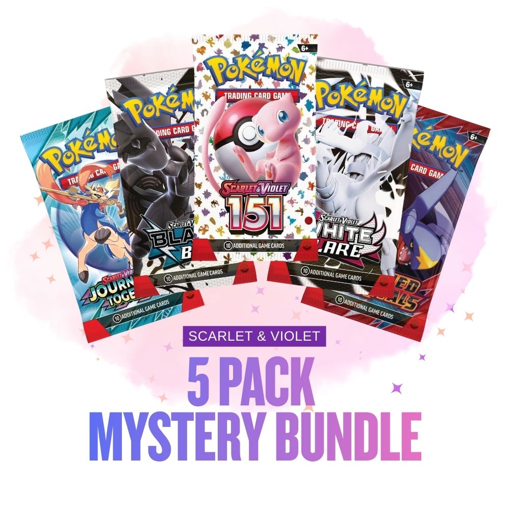 Five Pokémon trading card packs with colorful designs on a white background.