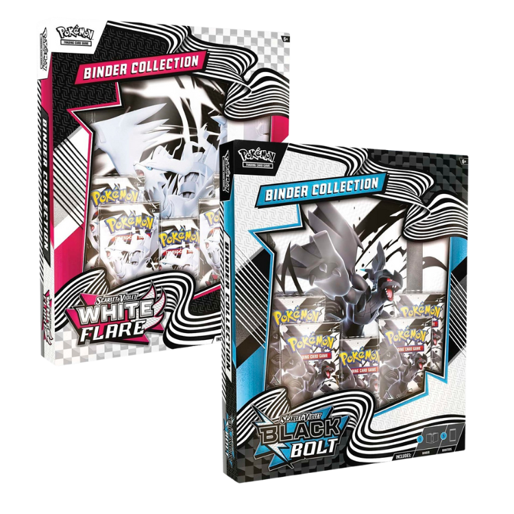 Two Pokémon trading card binder collections with 'White Flare' and 'Black Bolt' designs.