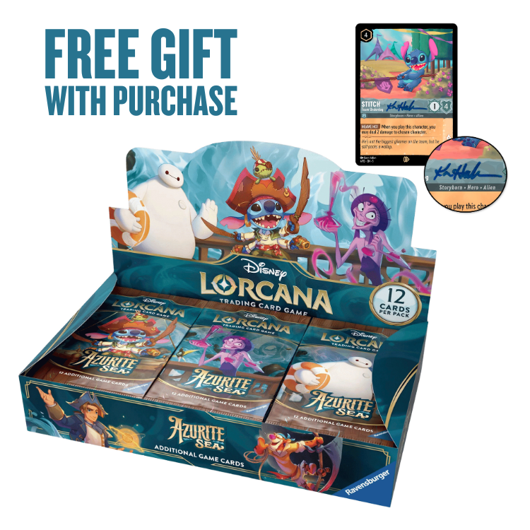 Disney - Lorcana: Azurite Sea Booster Box - 24 Packs (288 Lorcana Cards) + Free Autographed Stitch Promo